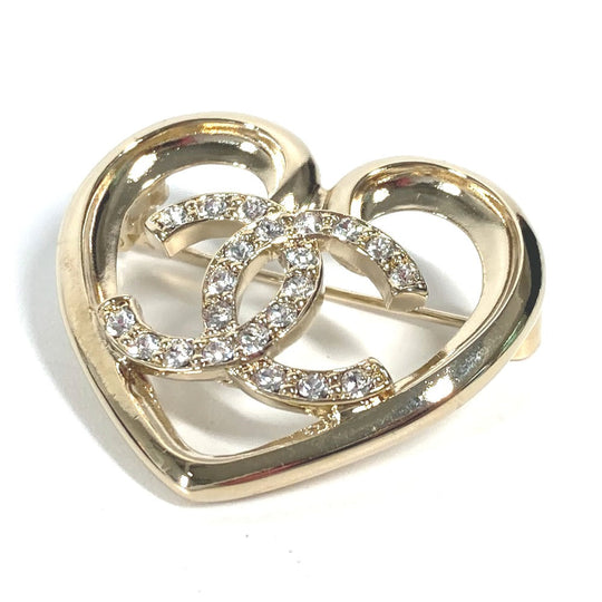 CHANEL Brooch metal gold P23C CC COCO Mark Heart Rhinestone Women Used Authentic