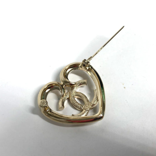CHANEL Brooch metal gold P23C CC COCO Mark Heart Rhinestone Women Used Authentic