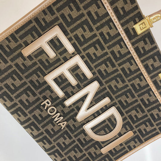 FENDI Shoulder Bag 8BH386 Leather / canvas Brown Sunshine Medium Tote Women Used Authentic