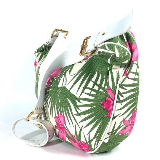 CELINE Shoulder Bag Leather / canvas green Botanical Pattern Triomphe logo Women Used Authentic