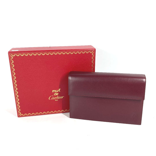 CARTIER Clutch bag leather wine-red Must Line With strap and flap mens Used Authentic