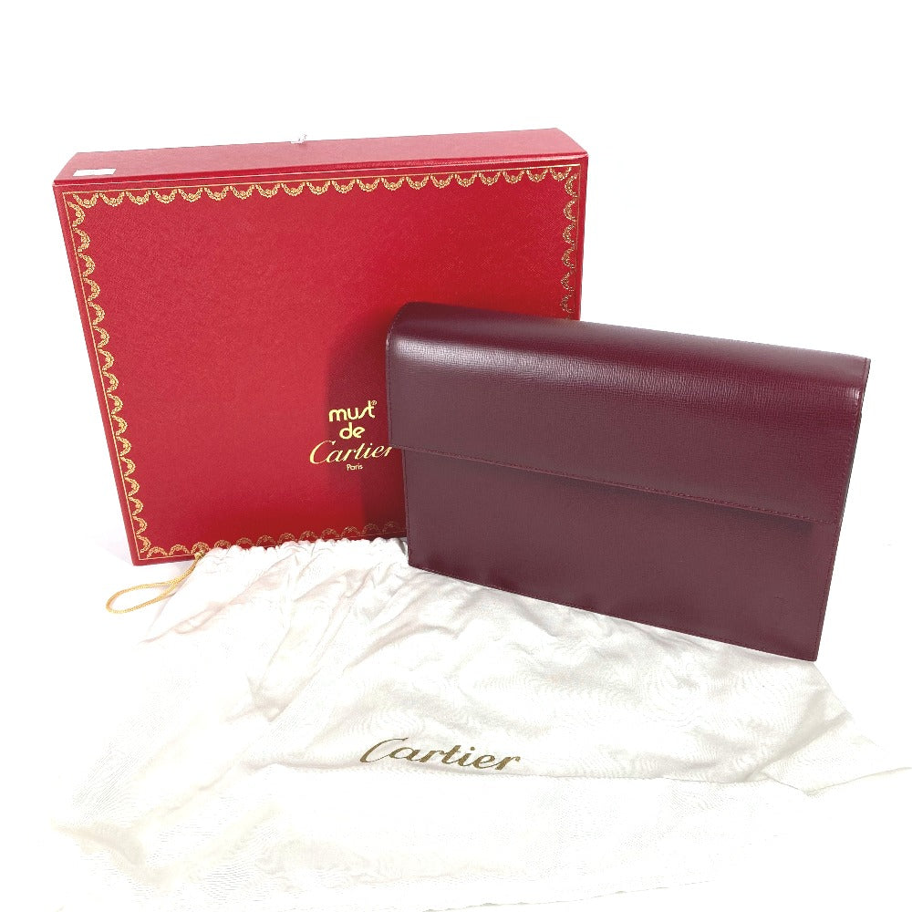 CARTIER Clutch bag leather wine-red Must Line With strap and flap mens Used Authentic