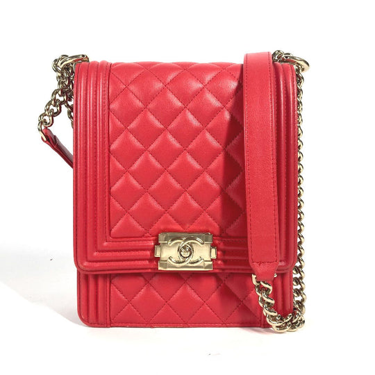 CHANEL Shoulder Bag leather Red CC COCO Mark Quilting Matelasse Vertical Boy Chanel Women Used Authentic