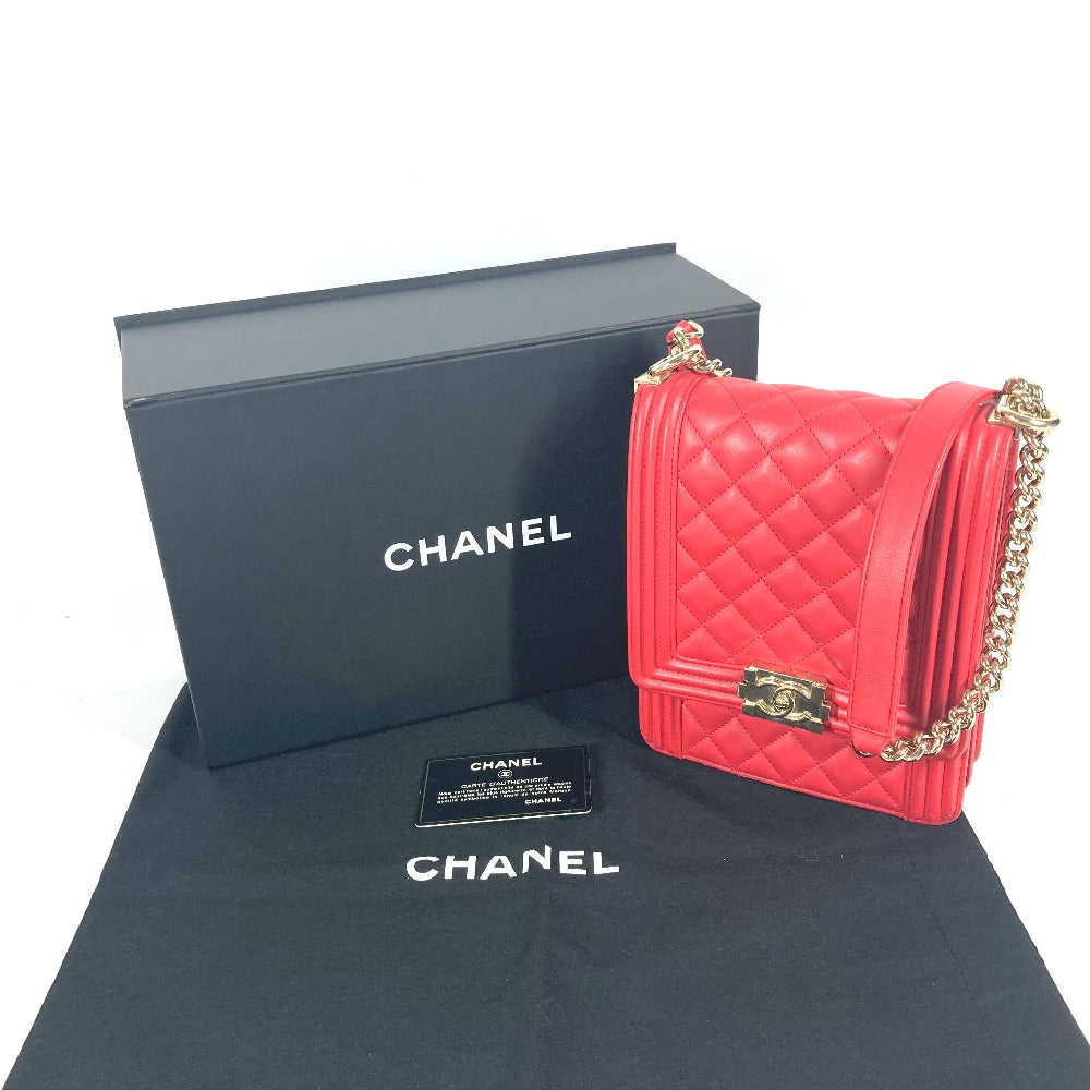 CHANEL Shoulder Bag leather Red CC COCO Mark Quilting Matelasse Vertical Boy Chanel Women Used Authentic