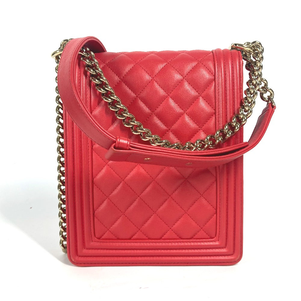 CHANEL Shoulder Bag leather Red CC COCO Mark Quilting Matelasse Vertical Boy Chanel Women Used Authentic