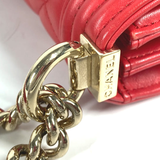 CHANEL Shoulder Bag leather Red CC COCO Mark Quilting Matelasse Vertical Boy Chanel Women Used Authentic
