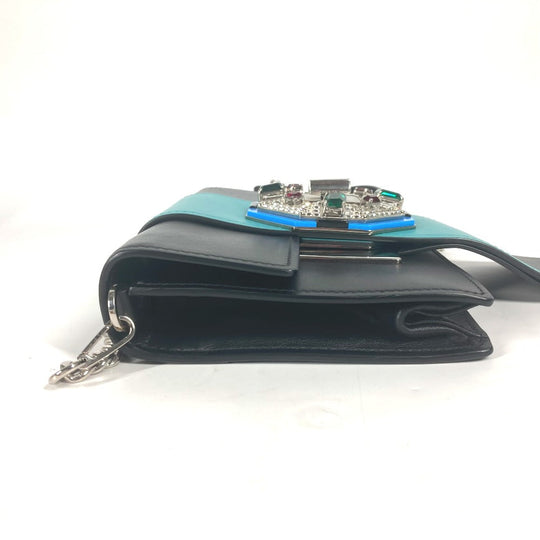 PRADA Shoulder Bag 1BD067 leather black 2WAY bag Chain Crystal rhinestones Women Used Authentic