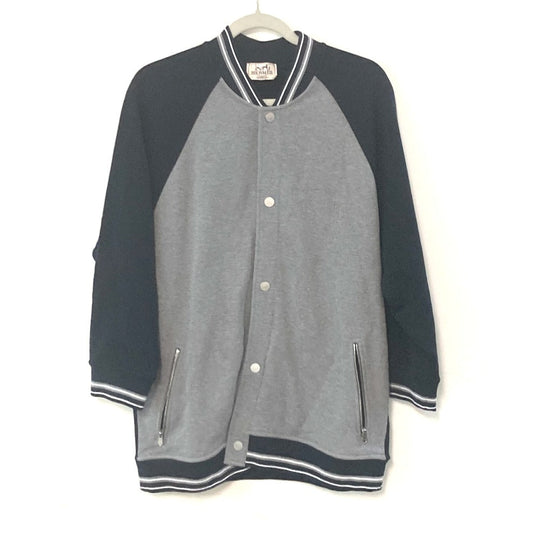 HERMES Jacket cotton gray Bicolor serie logo Teddy Blouson Stadium Jumper mens XXL Used Authentic