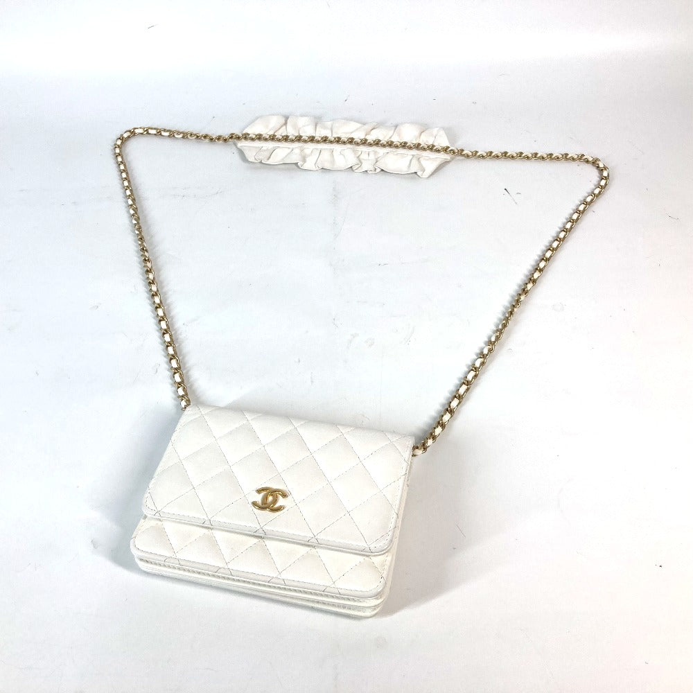 CHANEL Long Wallet Purse leather white Crossbody bag CC COCO Mark Frill Chain Wallet Women Used Authentic