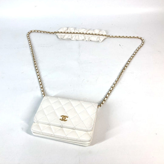 CHANEL Long Wallet Purse leather white Crossbody bag CC COCO Mark Frill Chain Wallet Women Used Authentic
