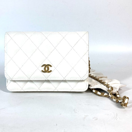 CHANEL Long Wallet Purse leather white Crossbody bag CC COCO Mark Frill Chain Wallet Women Used Authentic