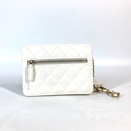 CHANEL Long Wallet Purse leather white Crossbody bag CC COCO Mark Frill Chain Wallet Women Used Authentic