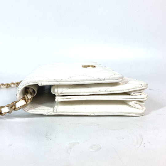 CHANEL Long Wallet Purse leather white Crossbody bag CC COCO Mark Frill Chain Wallet Women Used Authentic