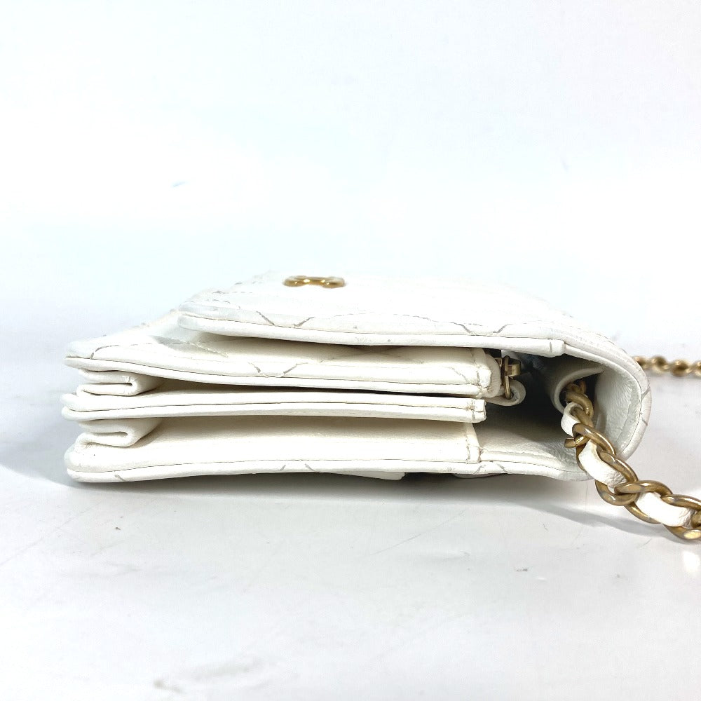 CHANEL Long Wallet Purse leather white Crossbody bag CC COCO Mark Frill Chain Wallet Women Used Authentic