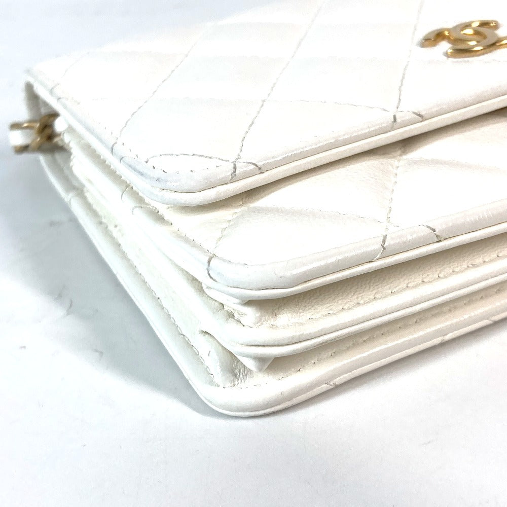 CHANEL Long Wallet Purse leather white Crossbody bag CC COCO Mark Frill Chain Wallet Women Used Authentic
