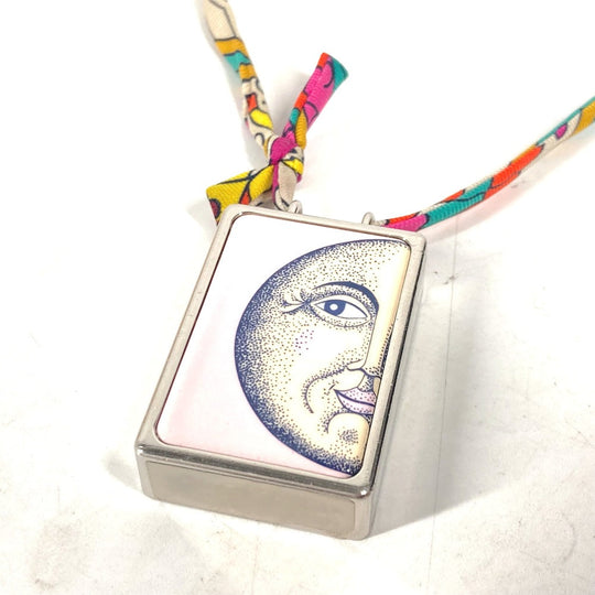 HERMES Necklace Metal, Silk Silver Bote a Reve Moon Motif Pill Case Women Used Authentic