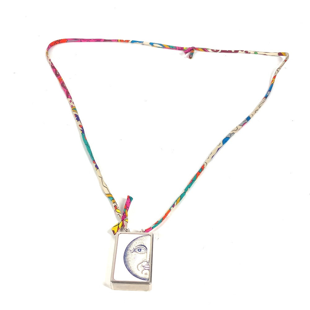 HERMES Necklace Metal, Silk Silver Bote a Reve Moon Motif Pill Case Women Used Authentic