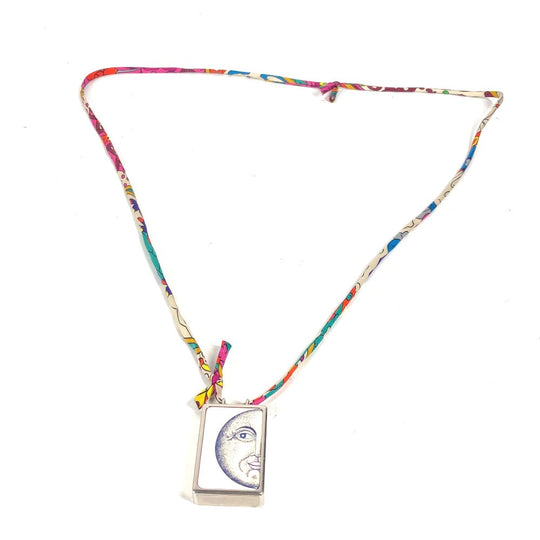 HERMES Necklace Metal, Silk Silver Bote a Reve Moon Motif Pill Case Women Used Authentic