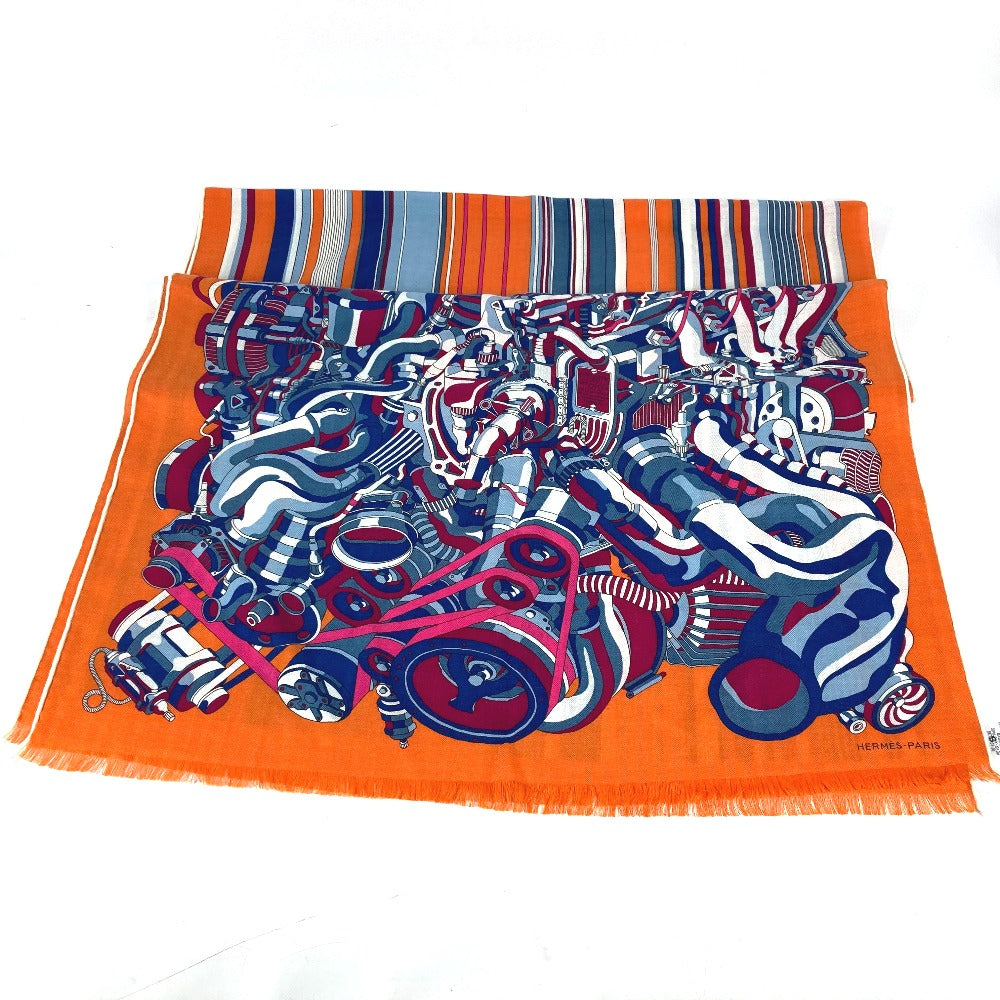 HERMES Scarf Cashmere, Silk Orange fringe shawl stole Rectangle Women(Unisex) Used Authentic