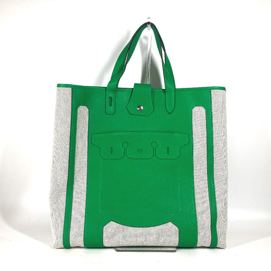 HERMES Tote Bag Toile H, Leather green Shoulder Bag Vertical Petite Hun Monsieur B unisex(Unisex) Used Authentic
