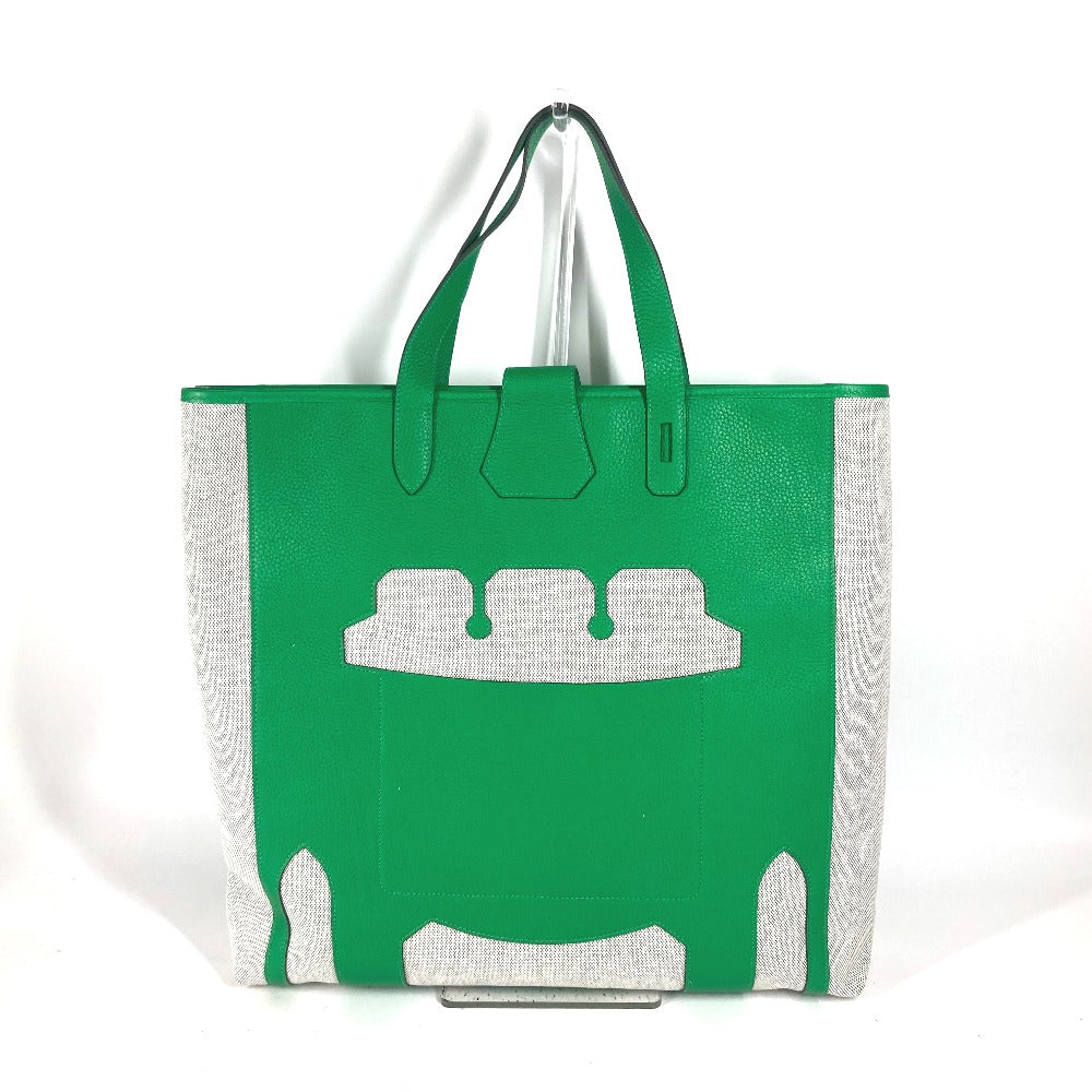 HERMES Tote Bag Toile H, Leather green Shoulder Bag Vertical Petite Hun Monsieur B unisex(Unisex) Used Authentic