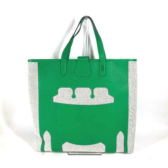 HERMES Tote Bag Toile H, Leather green Shoulder Bag Vertical Petite Hun Monsieur B unisex(Unisex) Used Authentic