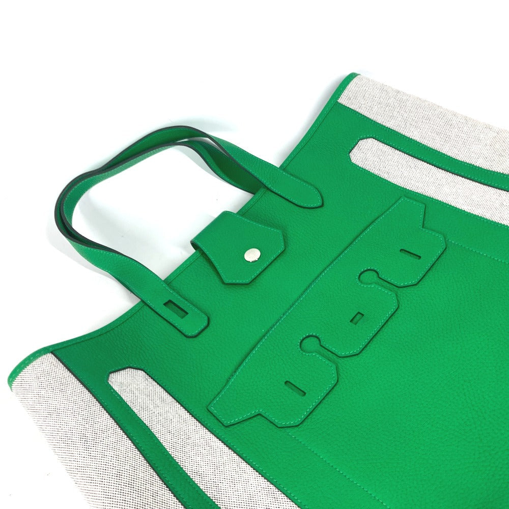 HERMES Tote Bag Toile H, Leather green Shoulder Bag Vertical Petite Hun Monsieur B unisex(Unisex) Used Authentic