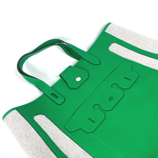 HERMES Tote Bag Toile H, Leather green Shoulder Bag Vertical Petite Hun Monsieur B unisex(Unisex) Used Authentic