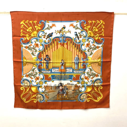 HERMES scarf silk Orange Carre90 ORGAUPHONE AND MECHANIQUES Pipe organ and clockwork instruments