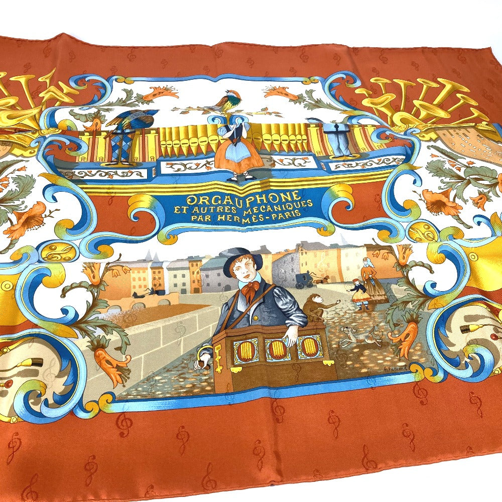 HERMES scarf silk Orange Carre90 ORGAUPHONE AND MECHANIQUES Pipe organ and clockwork instruments