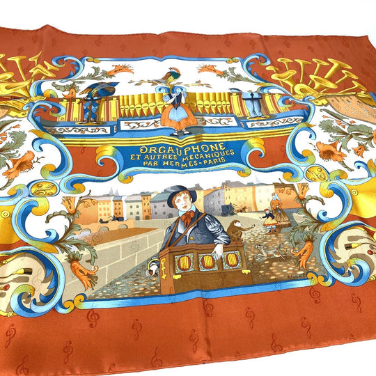 HERMES scarf silk Orange Carre90 ORGAUPHONE AND MECHANIQUES Pipe organ and clockwork instruments