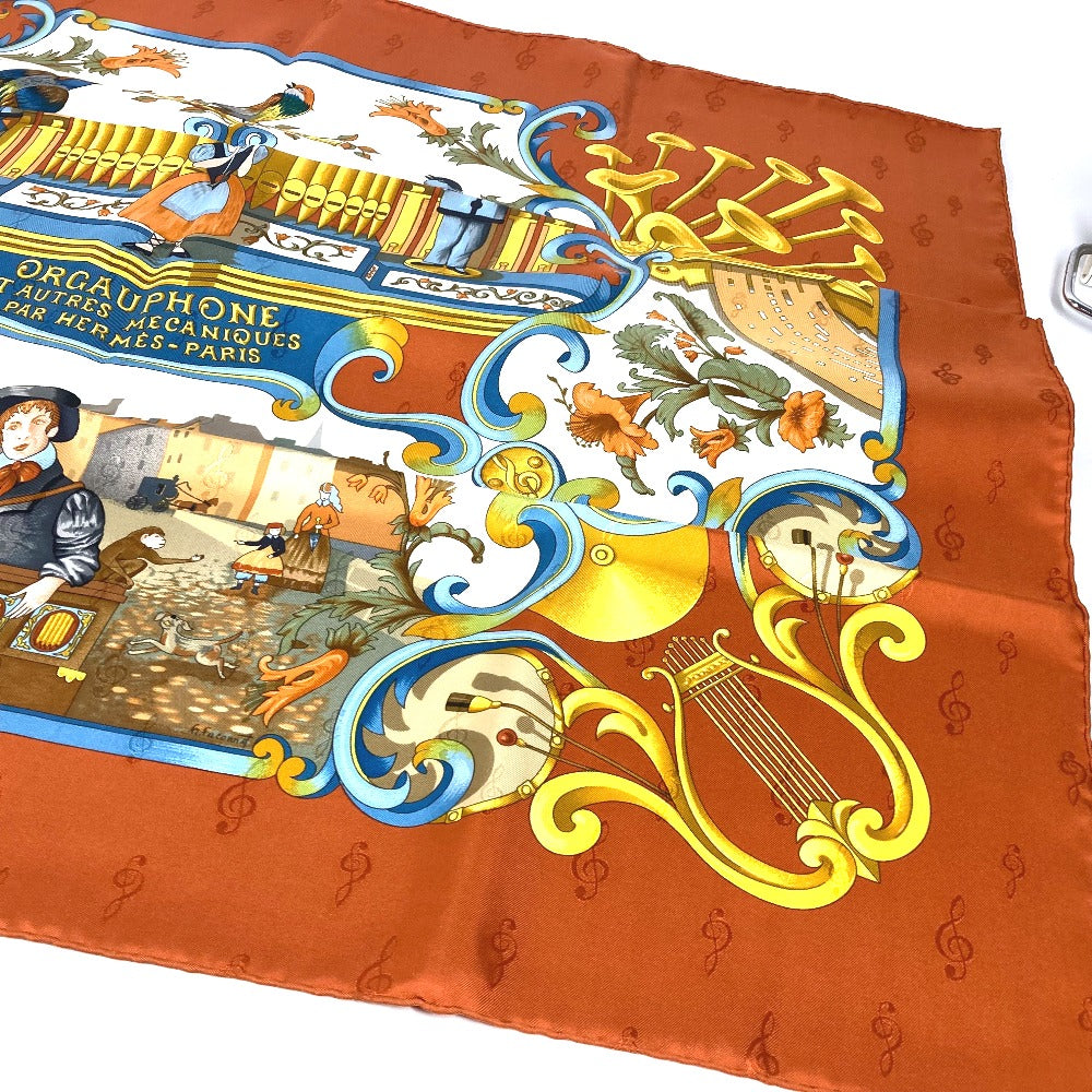 HERMES scarf silk Orange Carre90 ORGAUPHONE AND MECHANIQUES Pipe organ and clockwork instruments