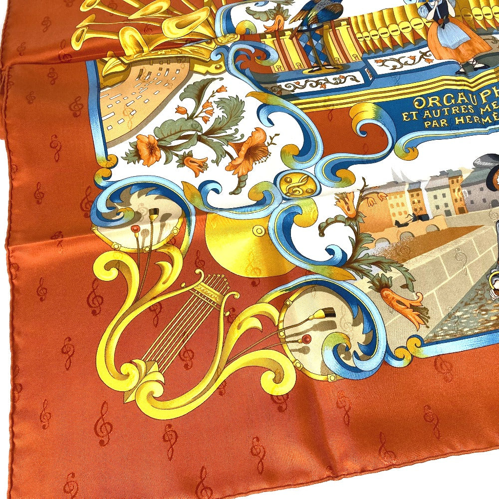 HERMES scarf silk Orange Carre90 ORGAUPHONE AND MECHANIQUES Pipe organ and clockwork instruments