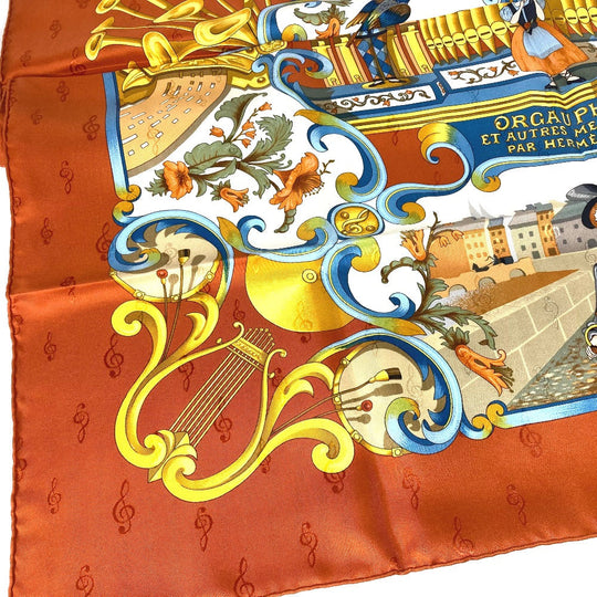 HERMES scarf silk Orange Carre90 ORGAUPHONE AND MECHANIQUES Pipe organ and clockwork instruments