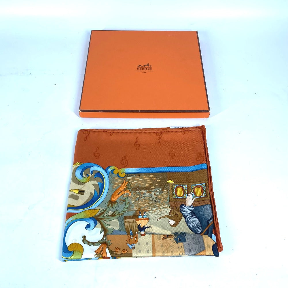 HERMES scarf silk Orange Carre90 ORGAUPHONE AND MECHANIQUES Pipe organ and clockwork instruments
