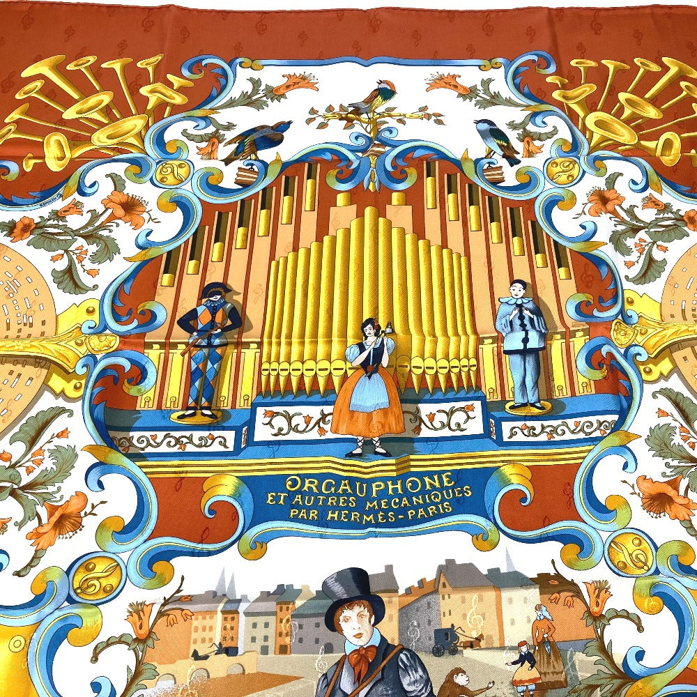 HERMES scarf silk Orange Carre90 ORGAUPHONE AND MECHANIQUES Pipe organ and clockwork instruments