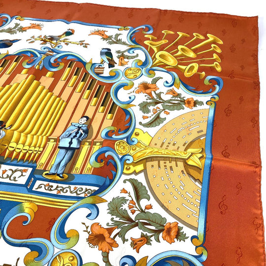 HERMES scarf silk Orange Carre90 ORGAUPHONE AND MECHANIQUES Pipe organ and clockwork instruments