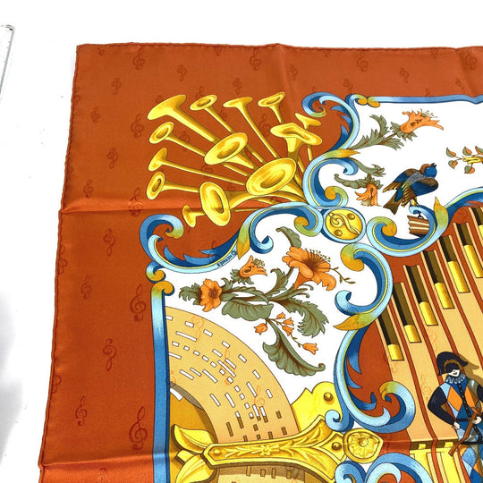 HERMES scarf silk Orange Carre90 ORGAUPHONE AND MECHANIQUES Pipe organ and clockwork instruments
