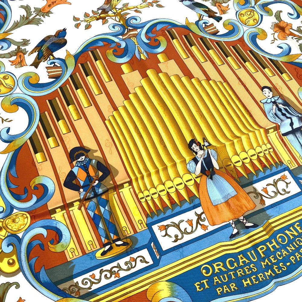 HERMES scarf silk Orange Carre90 ORGAUPHONE AND MECHANIQUES Pipe organ and clockwork instruments
