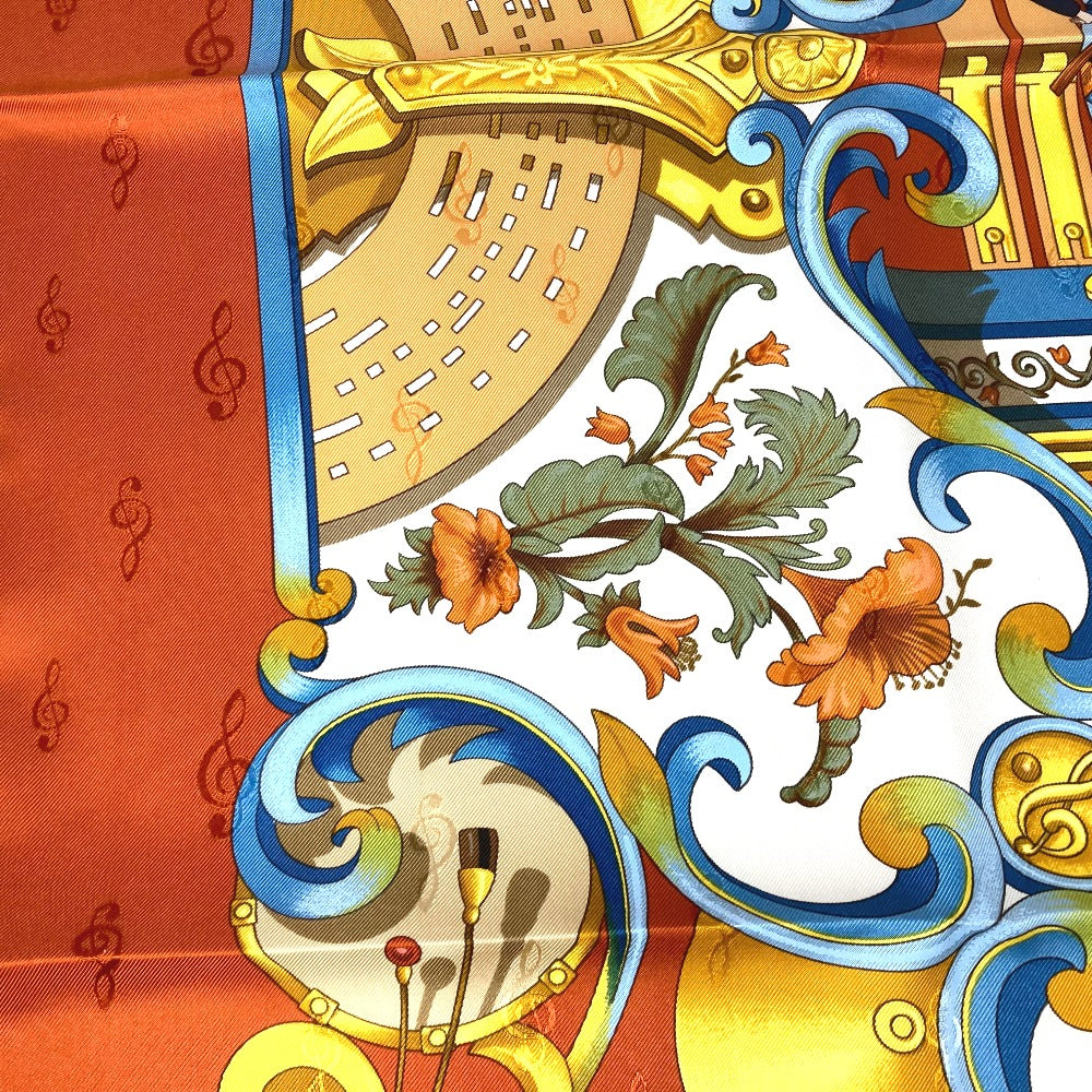 HERMES scarf silk Orange Carre90 ORGAUPHONE AND MECHANIQUES Pipe organ and clockwork instruments