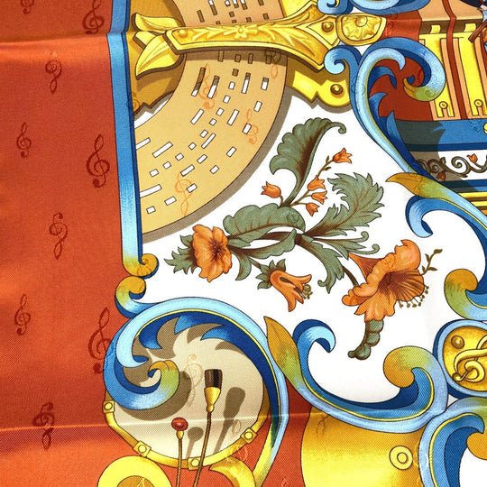 HERMES scarf silk Orange Carre90 ORGAUPHONE AND MECHANIQUES Pipe organ and clockwork instruments