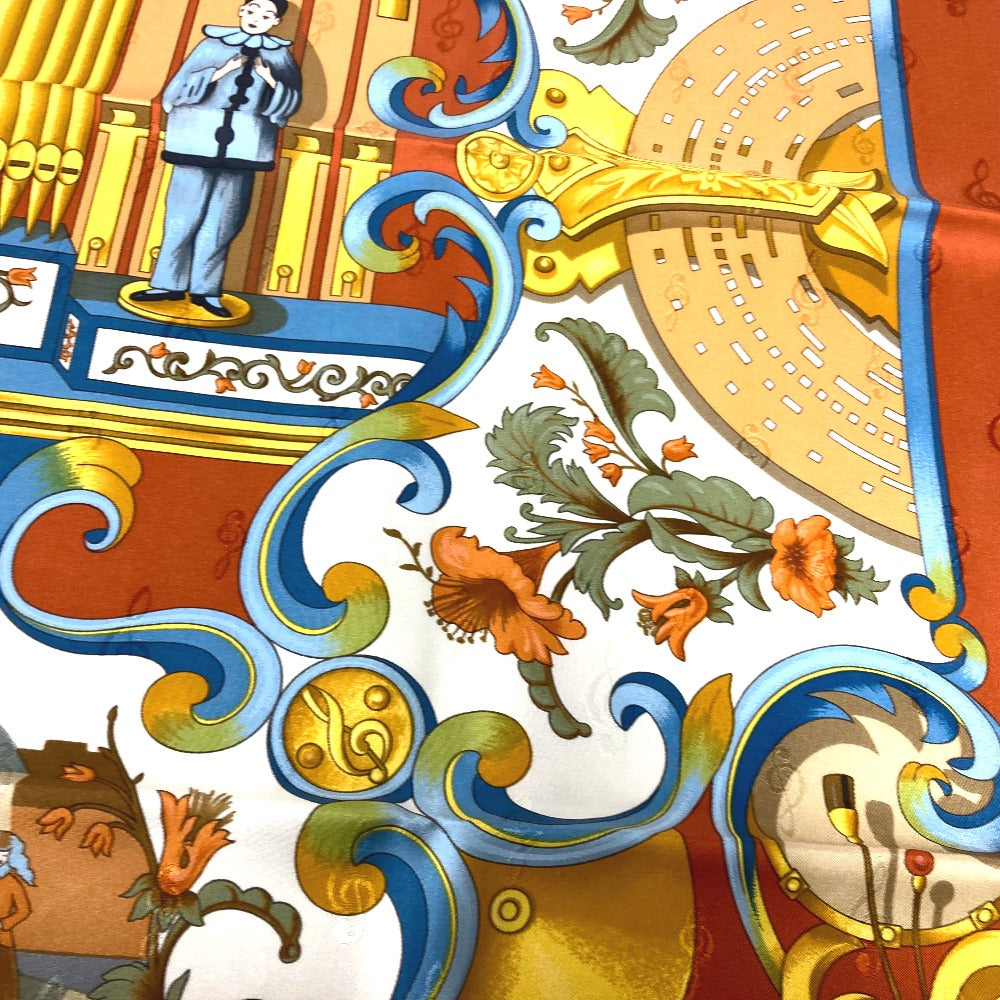 HERMES scarf silk Orange Carre90 ORGAUPHONE AND MECHANIQUES Pipe organ and clockwork instruments