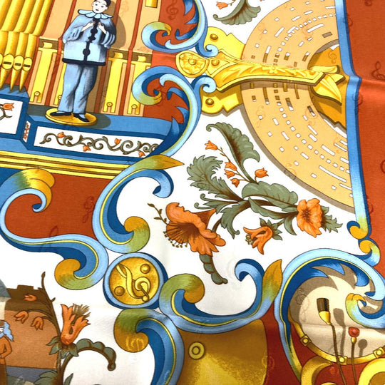 HERMES scarf silk Orange Carre90 ORGAUPHONE AND MECHANIQUES Pipe organ and clockwork instruments