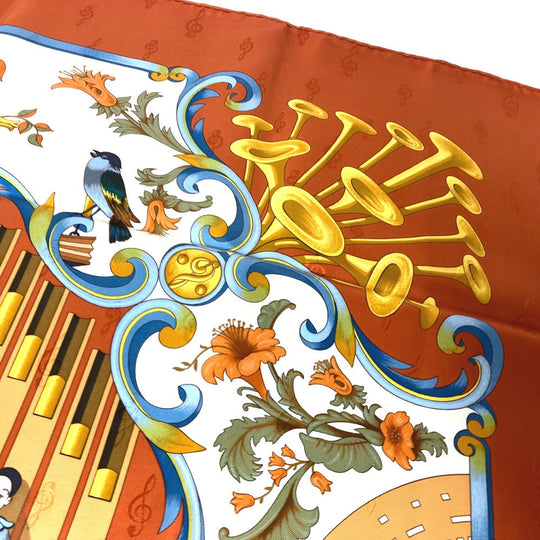 HERMES scarf silk Orange Carre90 ORGAUPHONE AND MECHANIQUES Pipe organ and clockwork instruments