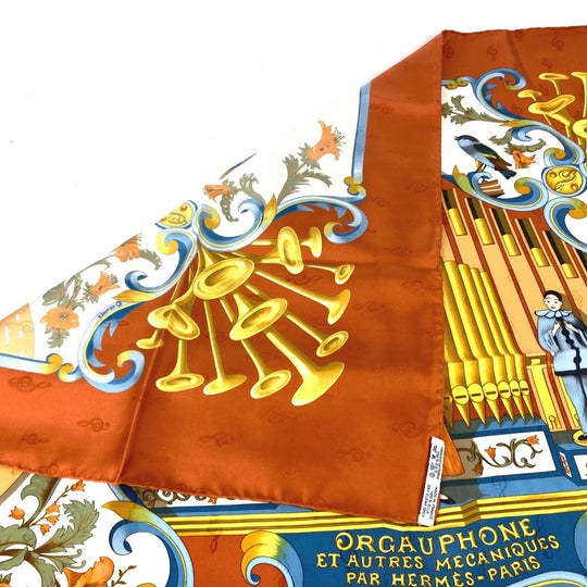 HERMES scarf silk Orange Carre90 ORGAUPHONE AND MECHANIQUES Pipe organ and clockwork instruments