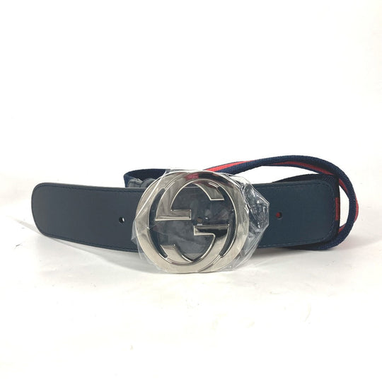 GUCCI belt 411924 Leather / canvas Navy GG interlocking G Women 75 Used Authentic