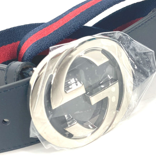 GUCCI belt 411924 Leather / canvas Navy GG interlocking G Women 75 Used Authentic