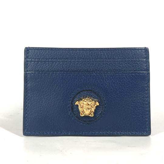 VERSACE Card Case leather Navy Greca logo unisex(Unisex) Used Authentic
