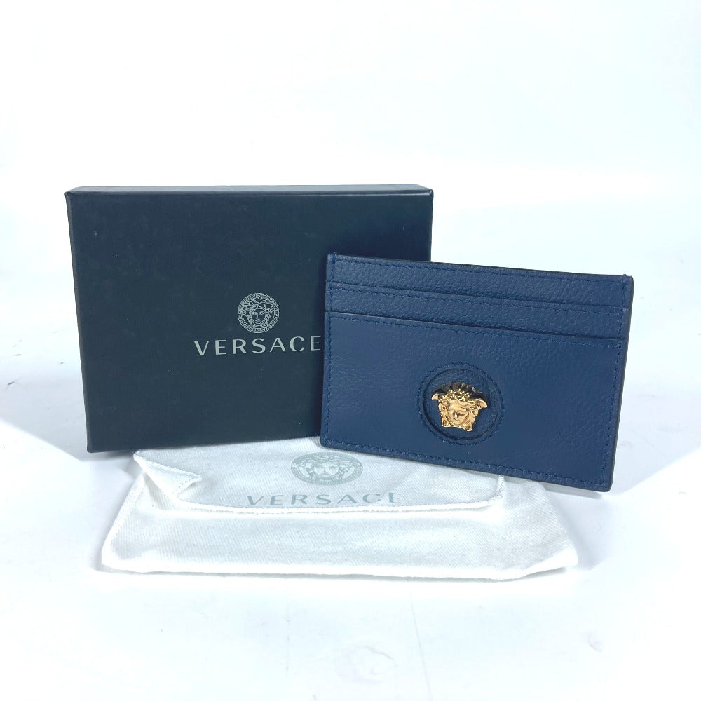 VERSACE Card Case leather Navy Greca logo unisex(Unisex) Used Authentic