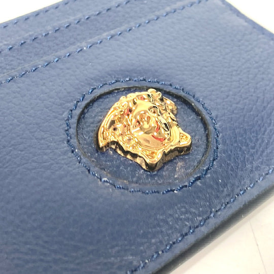VERSACE Card Case leather Navy Greca logo unisex(Unisex) Used Authentic